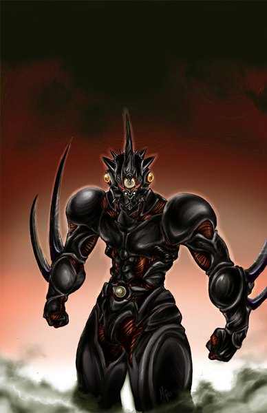 Anime picture 734x1134 with guyver guyver iii single tall image looking at viewer simple background standing horn (horns) smoke brown background boy weapon sword armor