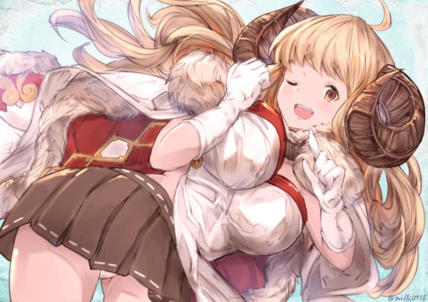 Anime picture 1754x1240 with granblue fantasy anila (granblue fantasy) milli little single long hair fringe highres breasts open mouth light erotic blonde hair large breasts brown eyes signed ahoge pleated skirt one eye closed horn (horns) wink pantyshot