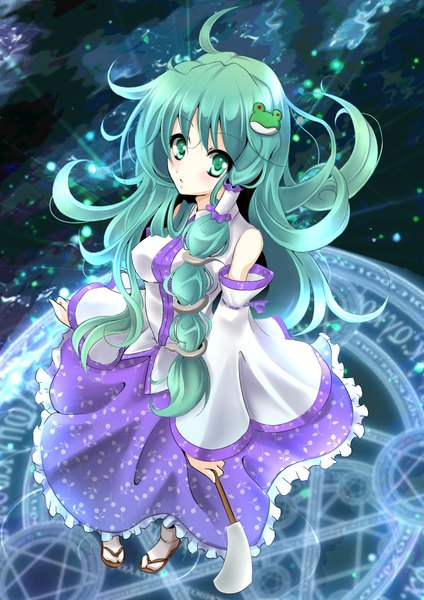 Anime picture 1414x2000 with touhou kochiya sanae kisaichi jin single long hair tall image green eyes green hair magic girl skirt detached sleeves skirt set hair tubes snake magic circle frog