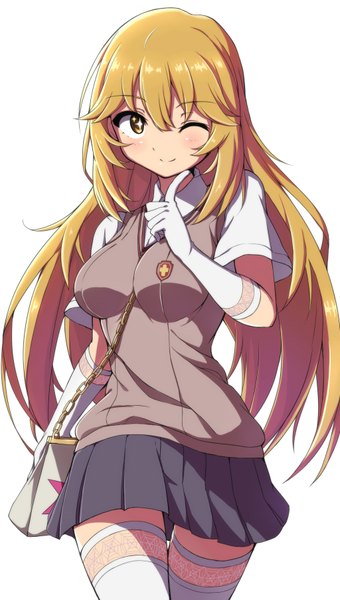 Anime picture 2048x3606 with to aru kagaku no railgun to aru majutsu no index j.c. staff shokuhou misaki rariemonn single long hair tall image highres simple background blonde hair white background yellow eyes one eye closed wink zettai ryouiki + + girl thighhighs gloves