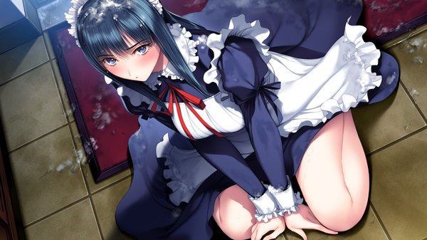 Anime picture 1280x720 with neyuki no genei: shirohanasou no hitobito fujiki kikyou ichikawa saasha single long hair blush blue eyes wide image sitting blue hair game cg from above maid wet wet clothes girl uniform frills headdress maid headdress