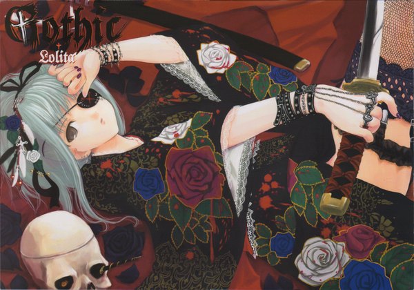 Anime picture 2167x1520 with single long hair highres lying nail polish japanese clothes grey hair goth-loli gothic girl thighhighs sword hairband kimono rose (roses) katana blood ring eyepatch skull