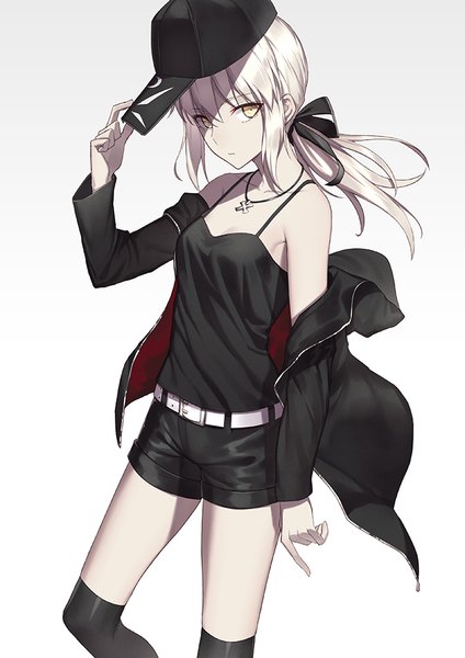 Anime picture 672x950 with fate (series) fate/grand order artoria pendragon (all) saber alter fame peera single long hair tall image looking at viewer simple background white background yellow eyes bent knee (knees) white hair arm up open jacket shadow shaded face low ponytail adjusting hat