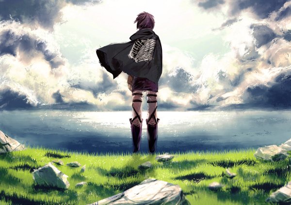 Anime picture 1800x1267 with shingeki no kyojin production i.g eren yaeger meola single highres short hair brown hair standing sky cloud (clouds) wind back no face boy uniform plant (plants) sea cape grass