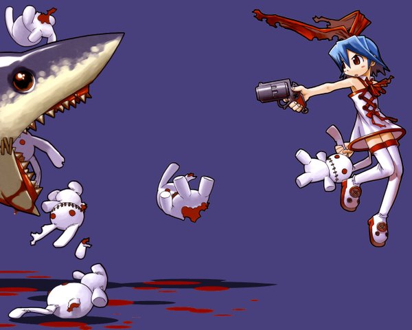 Anime picture 1280x1024 with disgaea mazda pleinair usagi-san blue background gun blood bunny shark