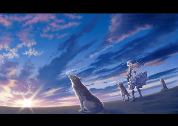 Anime picture 1500x1060 with original hamada youho long hair blonde hair standing sitting sky cloud (clouds) wind evening sunset letterboxed girl dress weapon animal boots gun knee boots sun