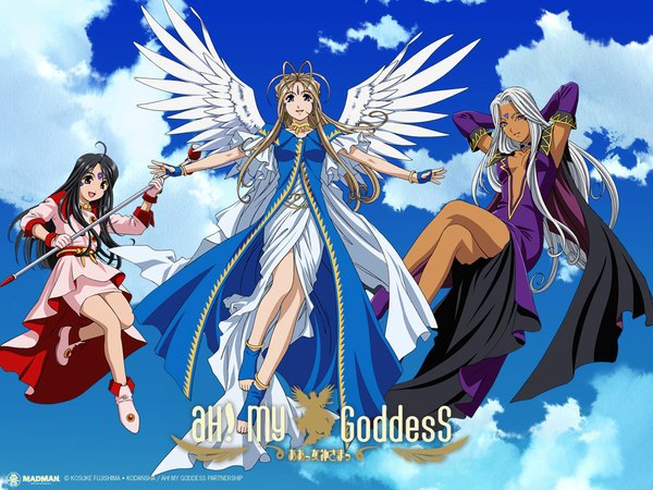 Anime picture 1024x768 with aa megami-sama anime international company belldandy urd skuld wings
