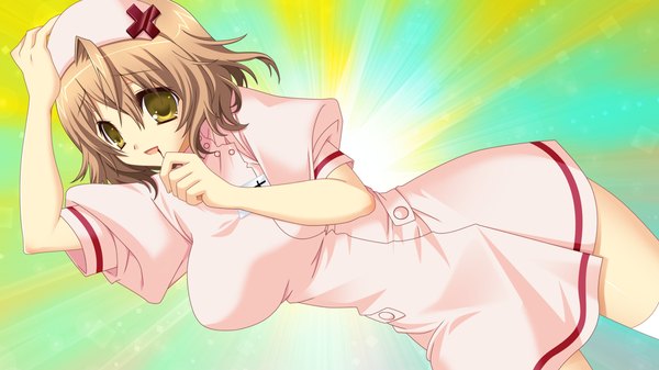 Anime picture 1280x720 with kessen! short hair brown hair wide image yellow eyes game cg nurse girl nurse cap
