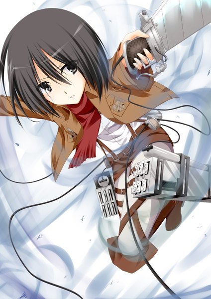 Anime picture 1240x1754 with shingeki no kyojin production i.g mikasa ackerman shisui (kachoufuugetsu) single tall image looking at viewer short hair black hair black eyes open clothes open jacket girl weapon sword jacket boots scarf red scarf