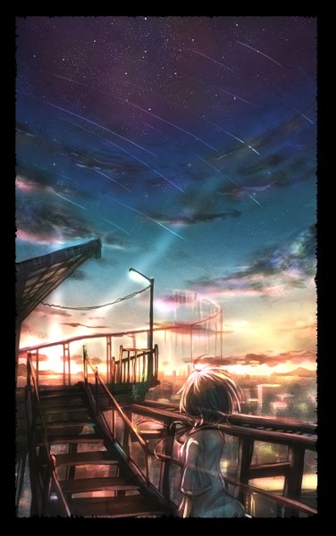 Anime picture 836x1333 with original haiki (hakkyoii06) single tall image short hair brown hair sky cloud (clouds) upper body ahoge wind from behind sunlight blurry night night sky city border horizon cityscape