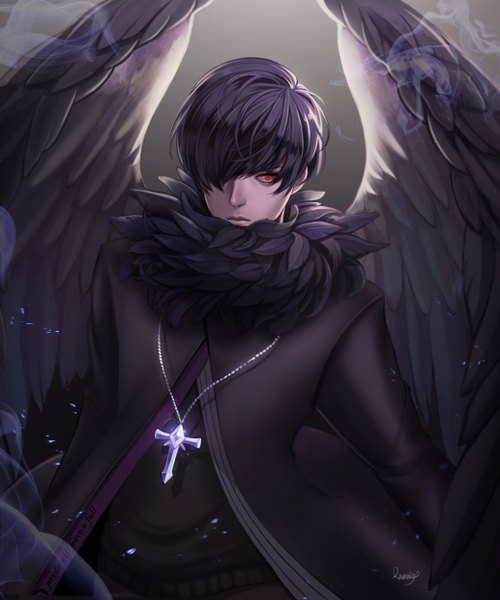 Anime picture 1033x1240 with original ravaniz single tall image fringe short hair simple background red eyes signed looking away purple hair hair over one eye black background smoke black wings boy wings pendant feather (feathers) cross