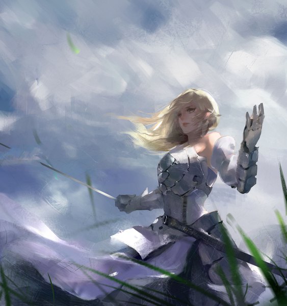 Anime picture 3609x3845 with fate (series) fate/stay night fate/unlimited codes artoria pendragon (all) saber saber lily aenrs single long hair tall image highres blonde hair bare shoulders holding brown eyes absurdres cloud (clouds) arm up wind from below