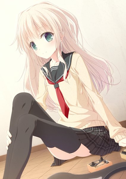 Anime picture 566x800 with original mac-kine single long hair tall image looking at viewer blue eyes light erotic blonde hair girl thighhighs skirt uniform black thighhighs serafuku