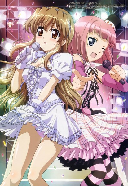 Anime picture 4089x5938 with nogizaka haruka no himitsu megami magazine nogizaka haruka tall image highres light erotic brown hair multiple girls brown eyes pink hair absurdres black eyes scan official art girl thighhighs dress 2 girls striped thighhighs microphone
