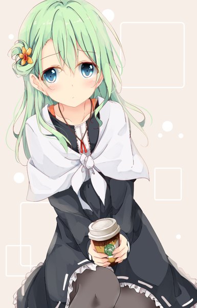 Anime picture 600x933 with original kurottari single long hair tall image looking at viewer blush fringe blue eyes hair between eyes sitting holding long sleeves hair flower green hair dutch angle girl dress flower (flowers) frills