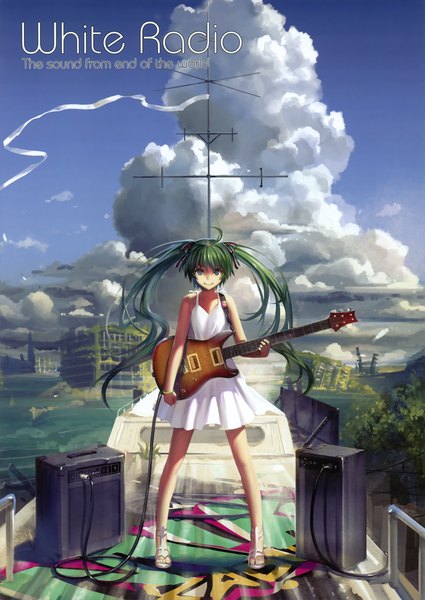 Anime picture 2141x3023 with vocaloid hatsune miku alphonse (white datura) single long hair tall image highres smile twintails green eyes sky cloud (clouds) aqua eyes green hair city cityscape landscape girl dress ribbon (ribbons)