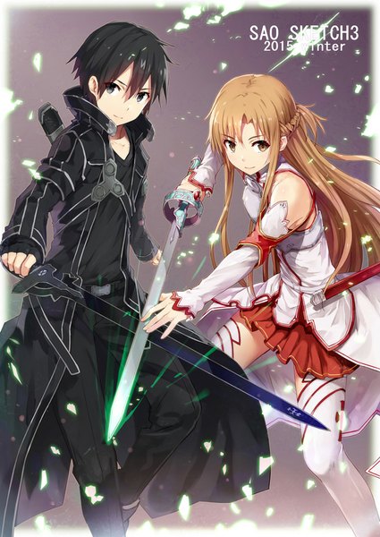 Anime picture 638x900 with sword art online a-1 pictures yuuki asuna kirigaya kazuto gabiran long hair tall image looking at viewer fringe short hair black hair hair between eyes brown hair bare shoulders brown eyes black eyes girl thighhighs boy skirt