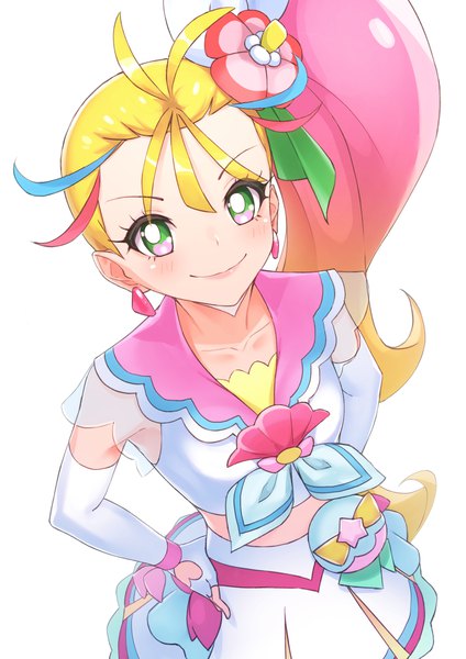 Anime picture 1190x1684 with precure tropical-rouge! precure toei animation natsuumi manatsu cure summer ishidai single long hair tall image looking at viewer simple background blonde hair smile white background green eyes pink hair multicolored hair from above side ponytail multicolored eyes