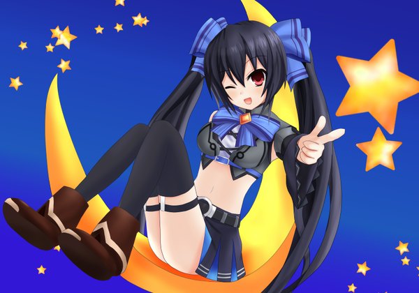 Anime picture 1637x1146 with choujigen game neptune noire sarvuant single long hair open mouth black hair simple background red eyes twintails one eye closed wink midriff blue background crescent girl thighhighs skirt navel bow