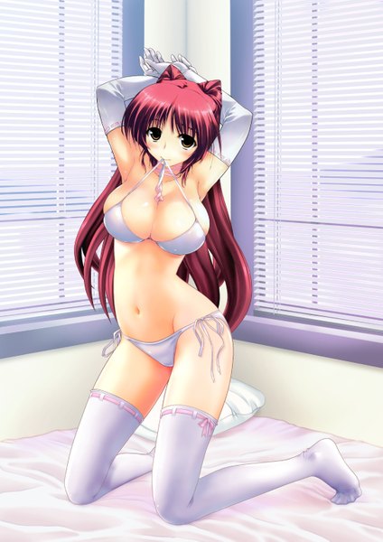 Anime picture 2170x3070 with to heart 2 leaf (studio) kousaka tamaki amazuyu tatsuki single long hair tall image highres breasts light erotic large breasts yellow eyes absurdres red hair kneeling mouth hold third-party edit girl thighhighs gloves