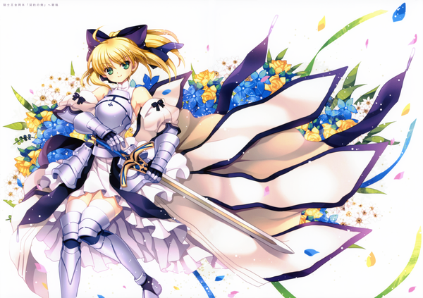 Anime picture 4992x3526 with fate (series) fate/stay night fate/unlimited codes studio deen type-moon artoria pendragon (all) saber saber lily capura lin single highres short hair blonde hair smile green eyes absurdres scan girl dress flower (flowers)