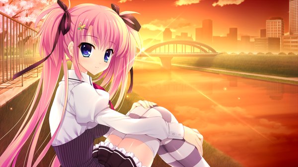 Anime picture 1280x720 with alia's carnival! shinomori yumi mitha single long hair blush blue eyes wide image twintails pink hair game cg river girl thighhighs dress uniform ribbon (ribbons) plant (plants) hair ribbon school uniform