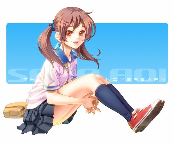 Anime picture 1000x827 with original converse aoi sora (pairan) pairan single long hair looking at viewer open mouth brown hair sitting twintails brown eyes full body interlocked fingers girl skirt uniform school uniform miniskirt socks
