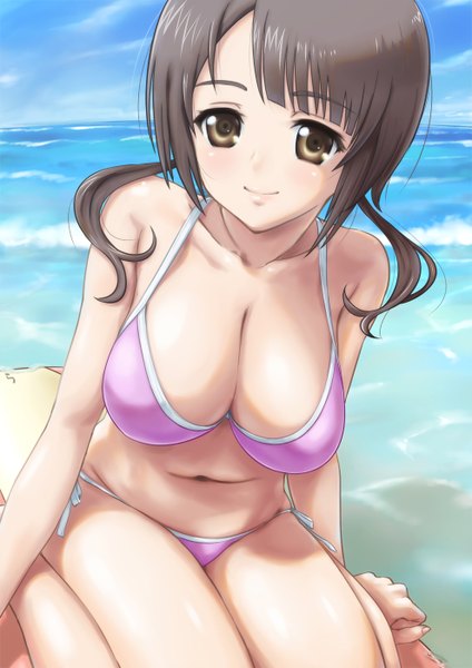 Anime picture 990x1400 with tari tari p.a. works okita sawa rasukaru single long hair tall image looking at viewer breasts light erotic black hair smile large breasts bare shoulders brown eyes sky cloud (clouds) girl navel swimsuit