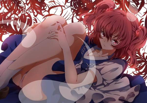 Anime picture 1753x1240 with touhou onozuka komachi surumeri (baneiro) single highres short hair light erotic red eyes twintails ass red hair legs short twintails ghost girl dress hair ornament underwear panties hair tie