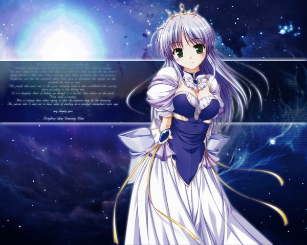 Anime picture 1280x1024 with yoake mae yori ruri iro na august soft feena fam earthlight single long hair looking at viewer fringe breasts simple background smile green eyes cleavage purple hair ahoge head tilt short sleeves wallpaper puffy sleeves hands behind back girl