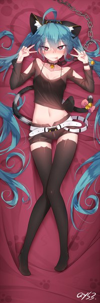 Anime picture 533x1600 with vocaloid hatsune miku qys3 single tall image blush fringe blue eyes light erotic hair between eyes twintails animal ears blue hair full body ahoge tail very long hair animal tail cat ears midriff