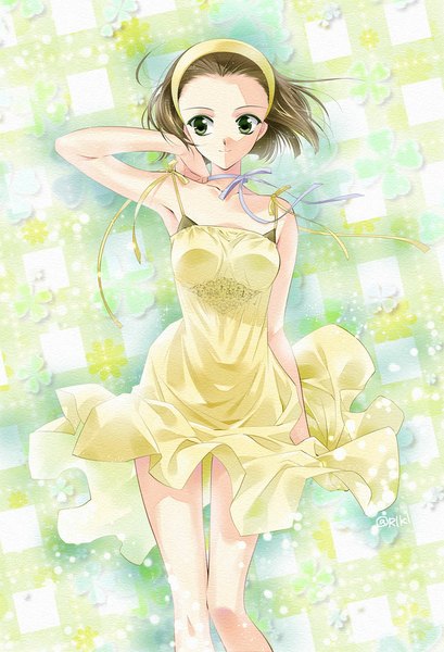 Anime picture 800x1174 with detective conan suzuki sonoko ito single tall image short hair smile brown hair bare shoulders green eyes signed looking away wind girl dress ribbon (ribbons) hairband sundress yellow dress
