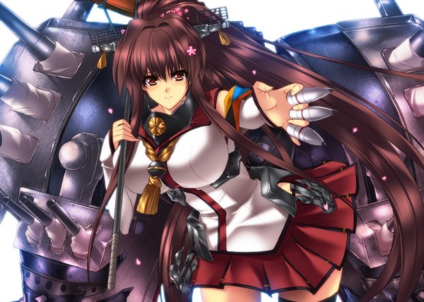 Anime picture 1400x1000 with kantai collection yamato super battleship juri (shiningred) single long hair looking at viewer breasts simple background red eyes brown hair large breasts white background ponytail girl dress skirt hair ornament weapon miniskirt hairclip