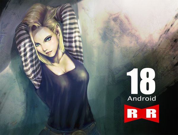 Anime picture 1200x911 with dragon ball android 18 socha (socha00) single looking at viewer short hair breasts blue eyes blonde hair cleavage long sleeves lips realistic inscription shadow text striped arms behind head against wall girl