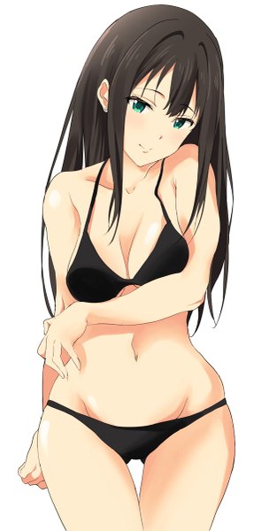 Anime picture 591x1200 with idolmaster idolmaster cinderella girls shibuya rin yoshiki360 single long hair tall image breasts blue eyes light erotic black hair simple background white background groin girl navel swimsuit bikini black bikini