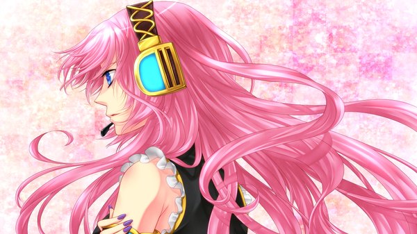 Anime picture 1920x1080 with vocaloid megurine luka long hair highres blue eyes wide image pink hair nail polish profile girl headphones