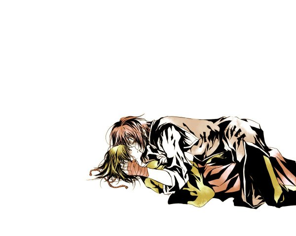 Anime picture 1200x960 with hakuouki shinsengumi kitan studio deen short hair blonde hair simple background brown hair white background lying orange hair couple hug monochrome almost kiss girl boy bandage (bandages)
