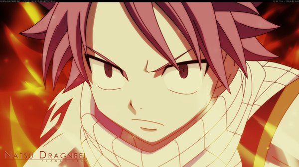 Anime picture 1920x1080 with fairy tail natsu dragneel single highres short hair red eyes wide image pink hair inscription face boy scarf fire