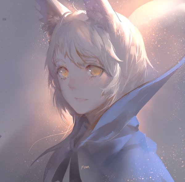 Anime picture 1202x1182 with original pixiv fantasia pixiv fantasia fallen kings fom (lifotai) single looking at viewer fringe short hair open mouth signed animal ears yellow eyes white hair light smile fox ears close-up face glow girl