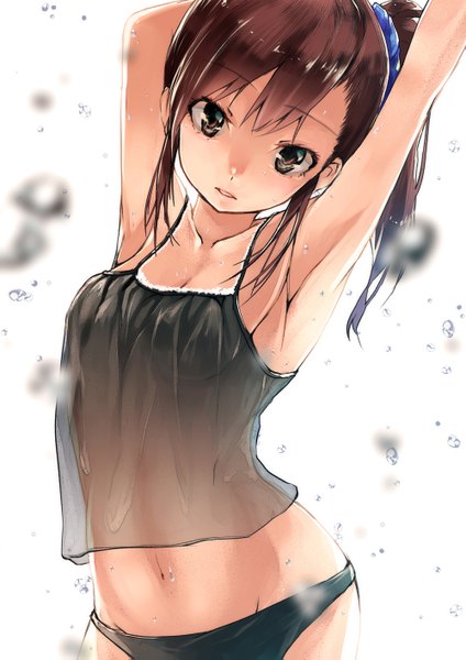 Anime picture 1000x1415 with idolmaster futami mami yae (mono110) single long hair tall image light erotic brown hair brown eyes ponytail arms up underwear only side ponytail arms behind head girl navel underwear panties