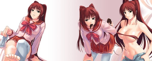 Anime picture 2560x1024 with to heart 2 leaf (studio) kousaka tamaki highres light erotic wide image red hair thighhighs skirt serafuku