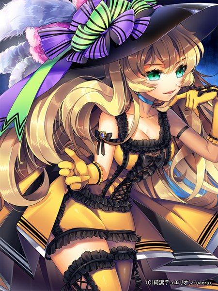 Anime picture 600x800 with junketsu duelion ells (ellsat) single long hair tall image blush open mouth blonde hair smile green eyes girl thighhighs dress gloves hat elbow gloves feather (feathers) corset