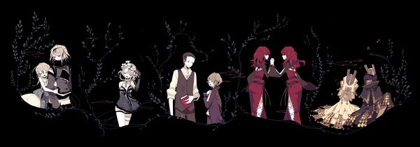 Anime picture 1880x660 with nier shikimi (yurakuru) long hair highres black hair blonde hair wide image red hair hair flower black background group twins dress boy hair ornament flower (flowers) shirt book (books) mask vest