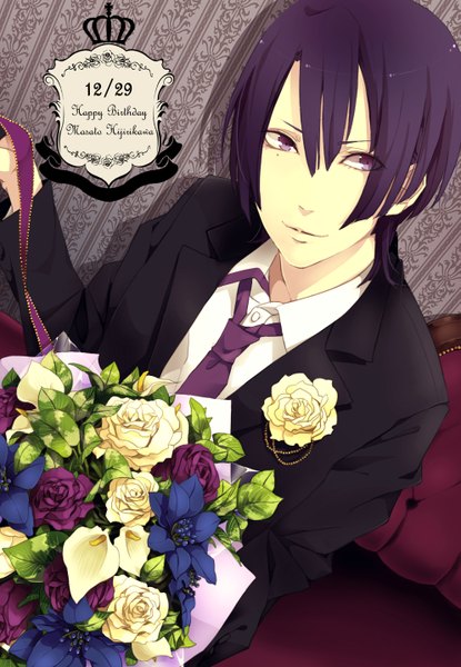 Anime picture 993x1434 with uta no prince-sama a-1 pictures hijirikawa masato utaoka (23com) single tall image short hair purple eyes blue hair looking away purple hair light smile boy flower (flowers) ribbon (ribbons) shirt necktie rose (roses) couch suit