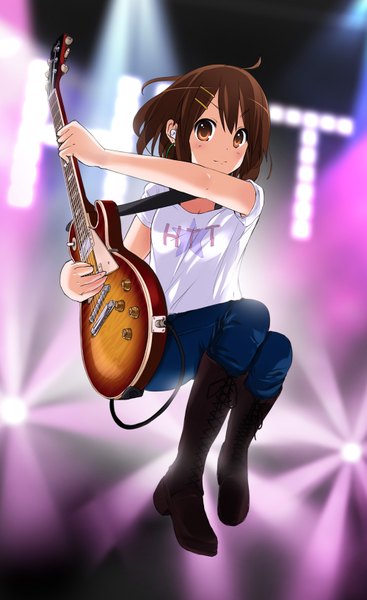 Anime picture 1000x1633 with k-on! kyoto animation hirasawa yui kimatg single tall image short hair brown hair brown eyes jumping girl boots guitar