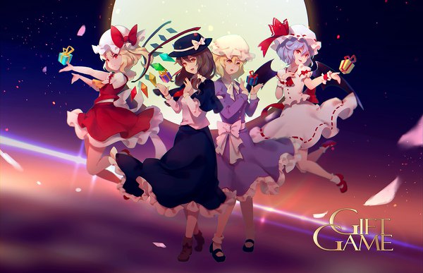 Anime picture 1200x774 with touhou flandre scarlet remilia scarlet usami renko maribel hearn vienri long hair fringe short hair blonde hair hair between eyes red eyes brown hair multiple girls purple hair full body bat wings midair girl skirt