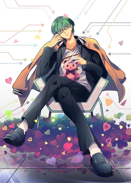 Anime picture 1286x1800 with kuroko no basket production i.g midorima shintarou retpa single tall image fringe short hair holding green eyes green hair open clothes open jacket crossed legs clothes on shoulders hand on cheek boy glasses shoes jacket
