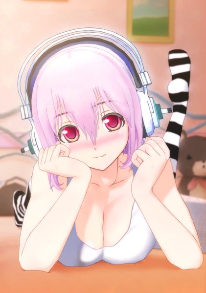 Anime picture 4874x6944 with nitroplus super sonico tsuji santa single long hair tall image looking at viewer blush highres breasts light erotic red eyes large breasts pink hair absurdres girl thighhighs headphones striped thighhighs