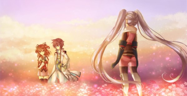 Anime picture 1363x700 with tales of graces sophie (tales) asbel lhant cheria barnes long hair short hair wide image twintails multiple girls brown eyes purple hair red hair from behind girl boy flower (flowers) 2 girls bodysuit suit