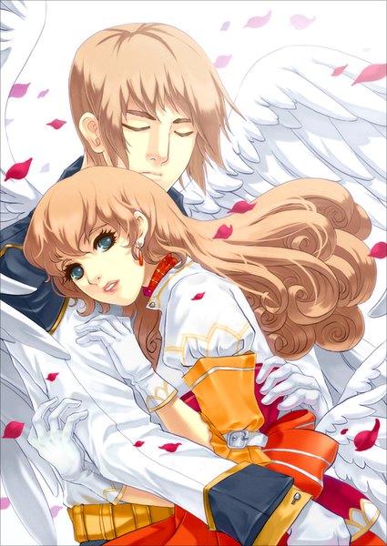 Anime picture 632x893 with original zuhrah long hair tall image fringe short hair simple background brown hair white background eyes closed aqua eyes puffy sleeves couple hug turning head drill hair angel wings white wings girl boy